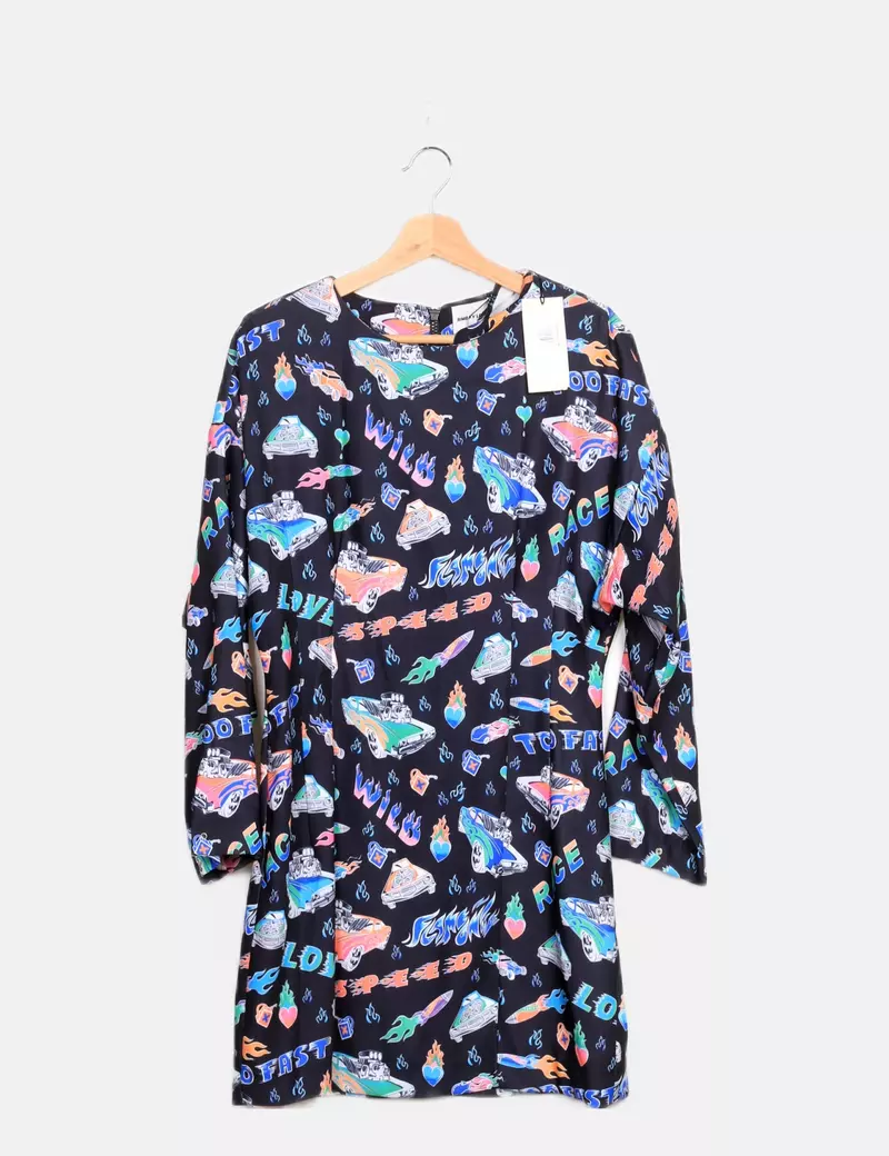 Bimba&Lola Vestido negro estampado dibujos multicolor