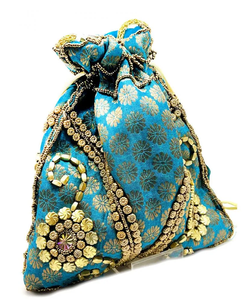 BOLSOS BOMBONERA VERDE MAR CON DECORACION DORADA