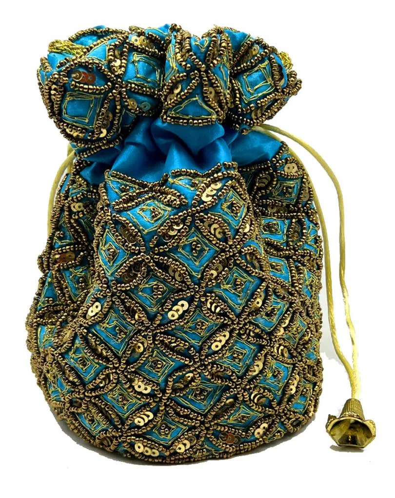 BOLSOS LIMOSNERA AZUL TURQUESA CON BORADOS DORADOS