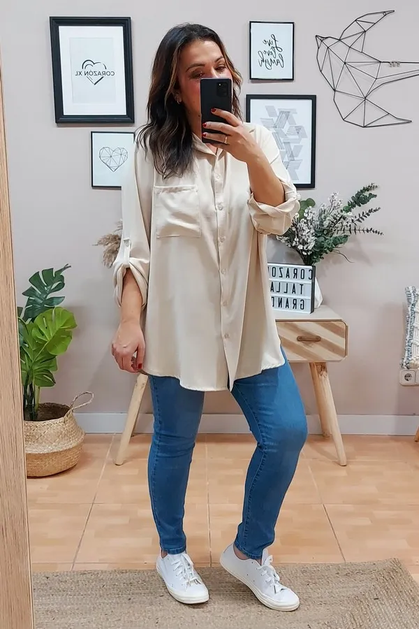 Camisa Larga Basic Beige