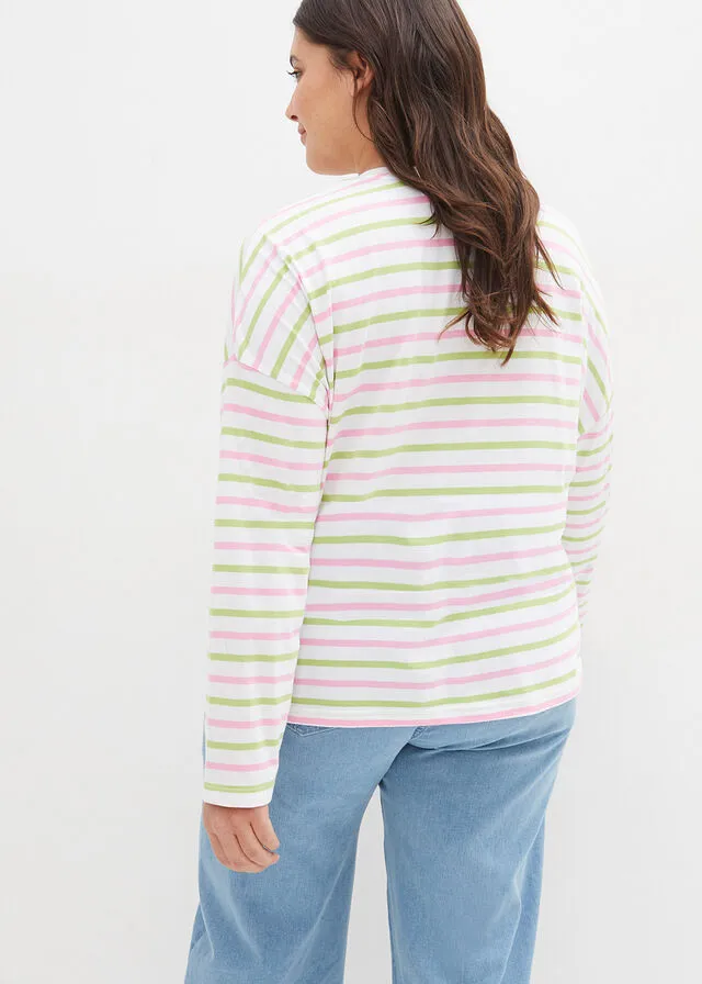 CAMISETA DE RAYAS DE ALGODóN ORGáNICO CON MANGA LARGA BLANCOVERDE PERAROSA DE RAYAS