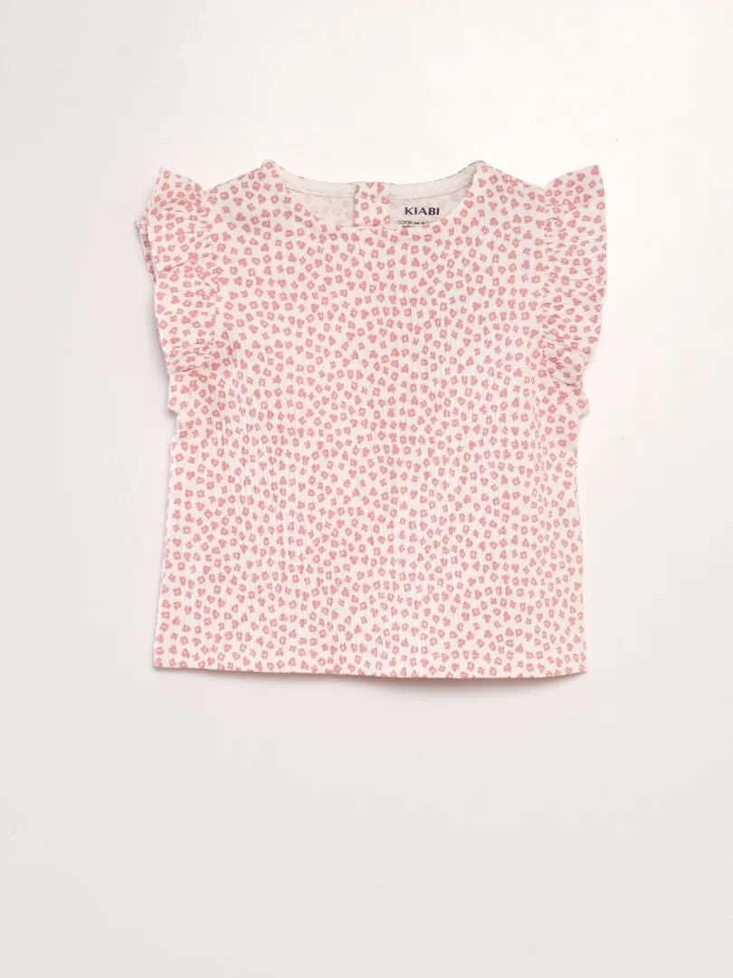 CAMISETA ESTAMPADA CON VOLANTES EN LAS MANGAS  BLANCO