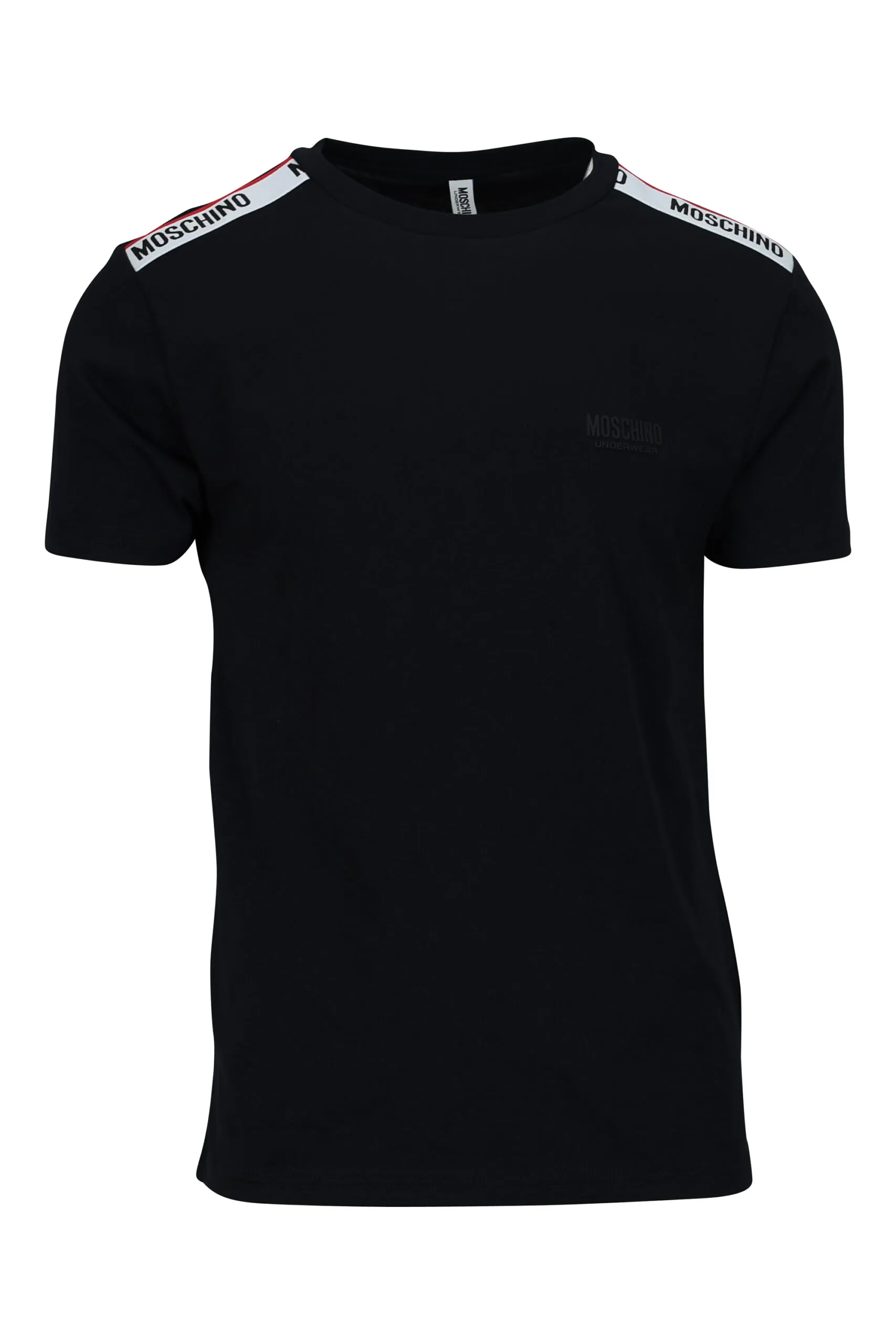 Camiseta negra con logo blanco con detalle rojo en cinta en hombros