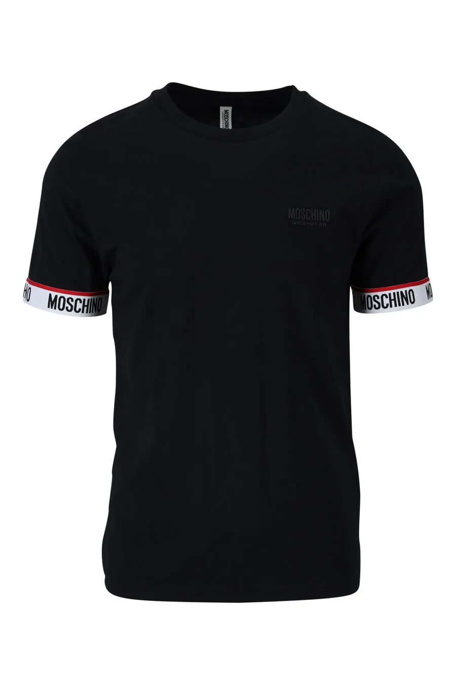 Camiseta negra con logo en cinta en manga