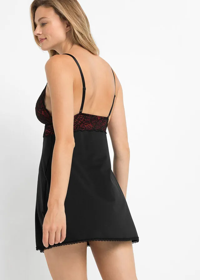 CAMISóN DE SATéN CON LAZO EN EL PECHO NEGROROJO