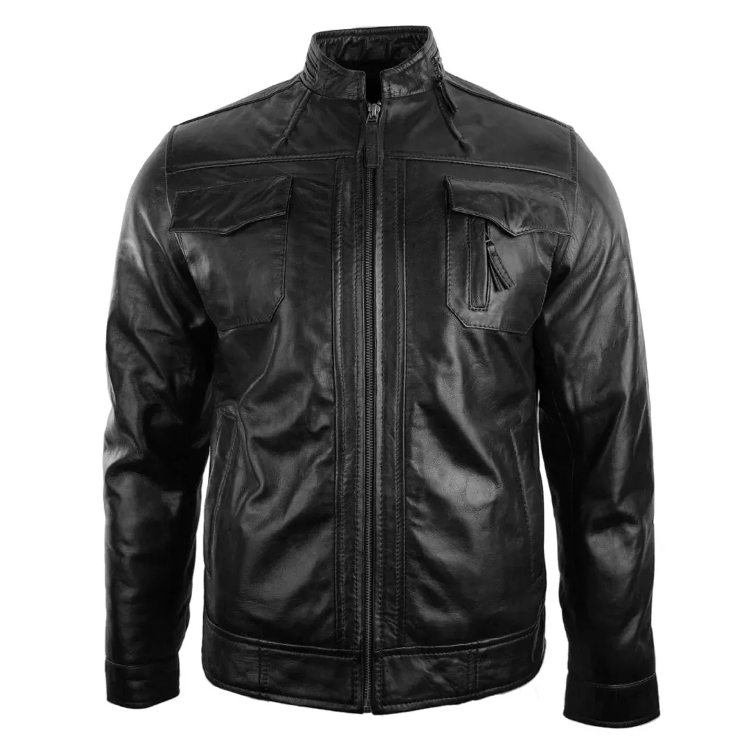 Chaqueta de biker de cuero de vino informal con cremallera corta para hombres