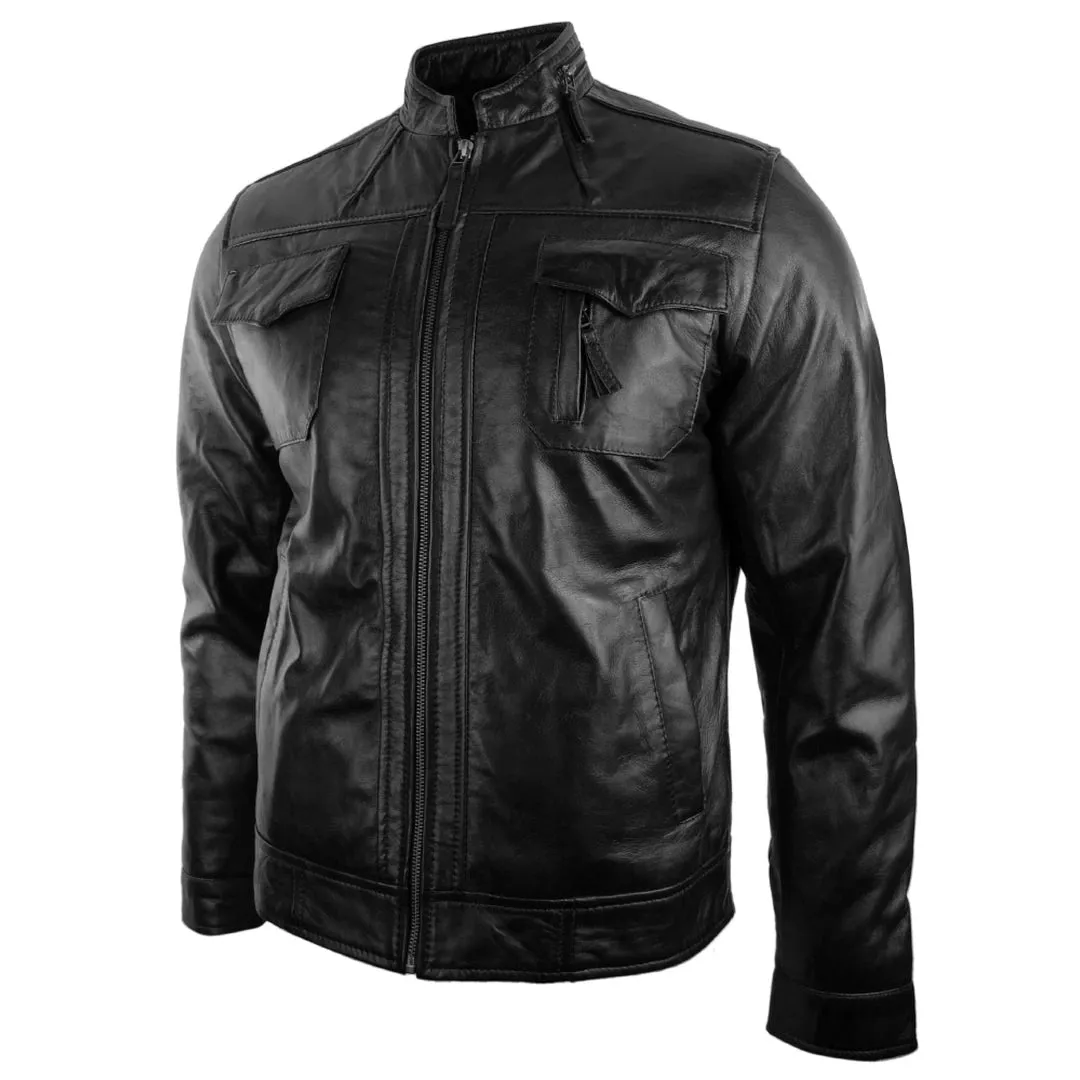 Chaqueta de biker de cuero de vino informal con cremallera corta para hombres