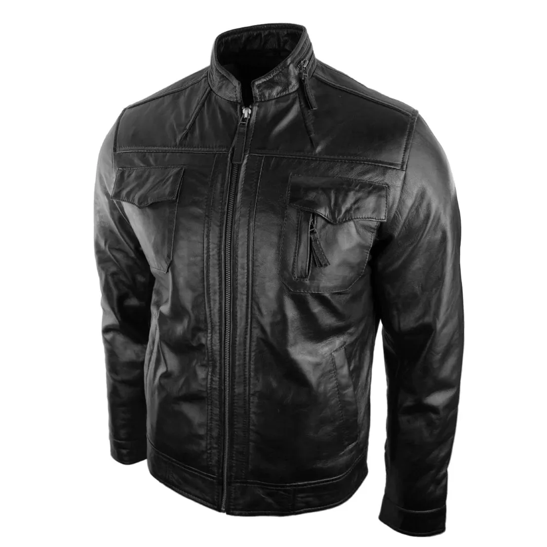 Chaqueta de biker de cuero de vino informal con cremallera corta para hombres