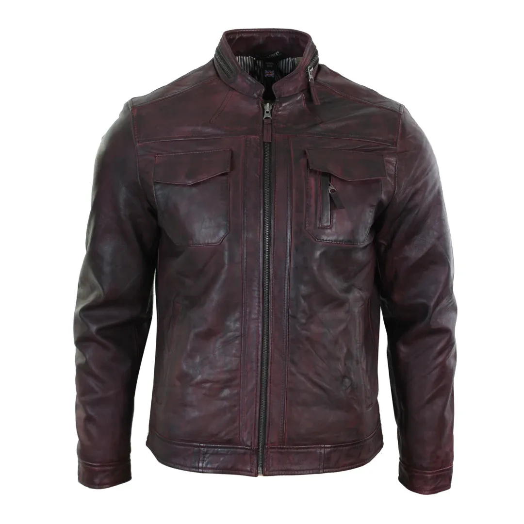 Chaqueta de biker de cuero de vino informal con cremallera corta para hombres