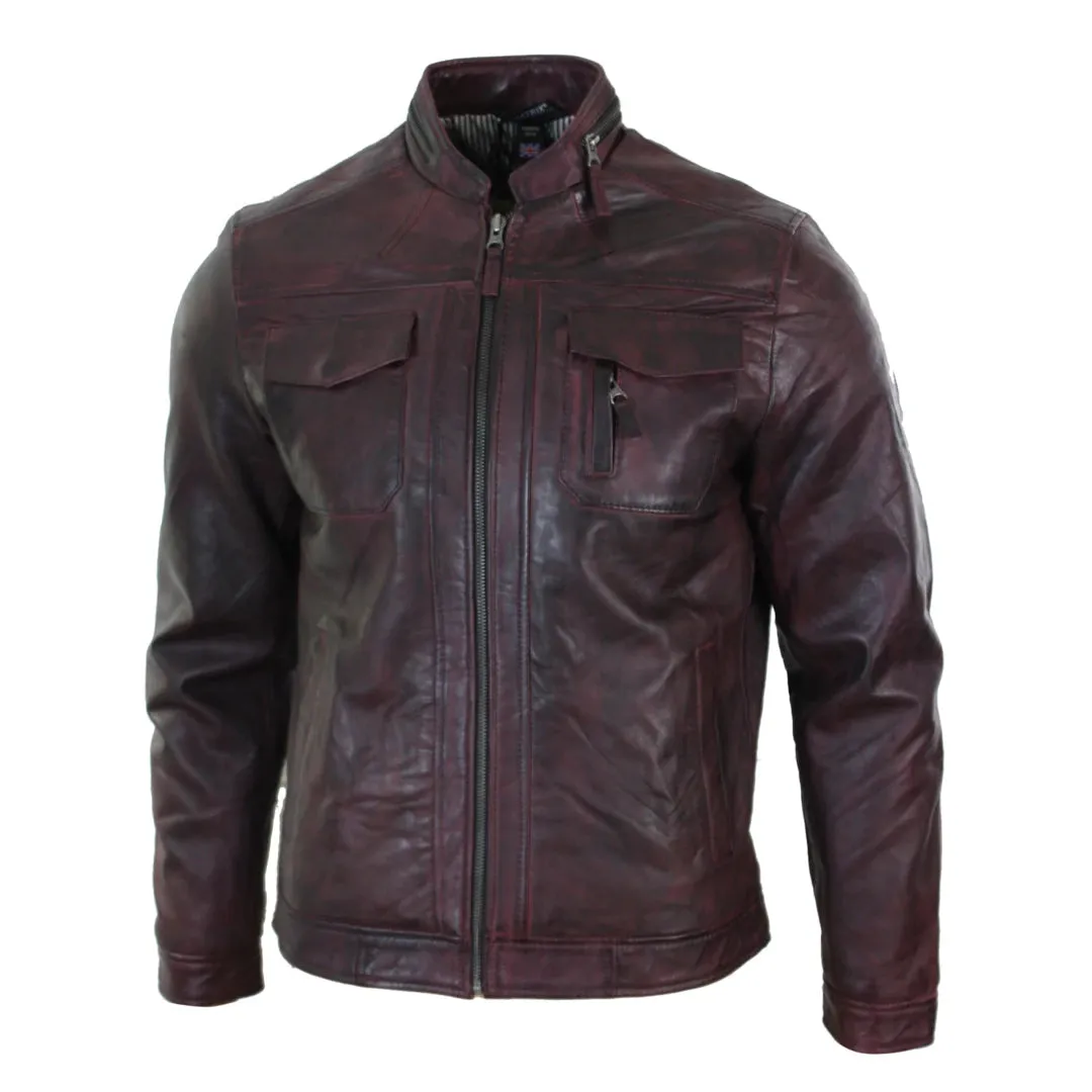 Chaqueta de biker de cuero de vino informal con cremallera corta para hombres