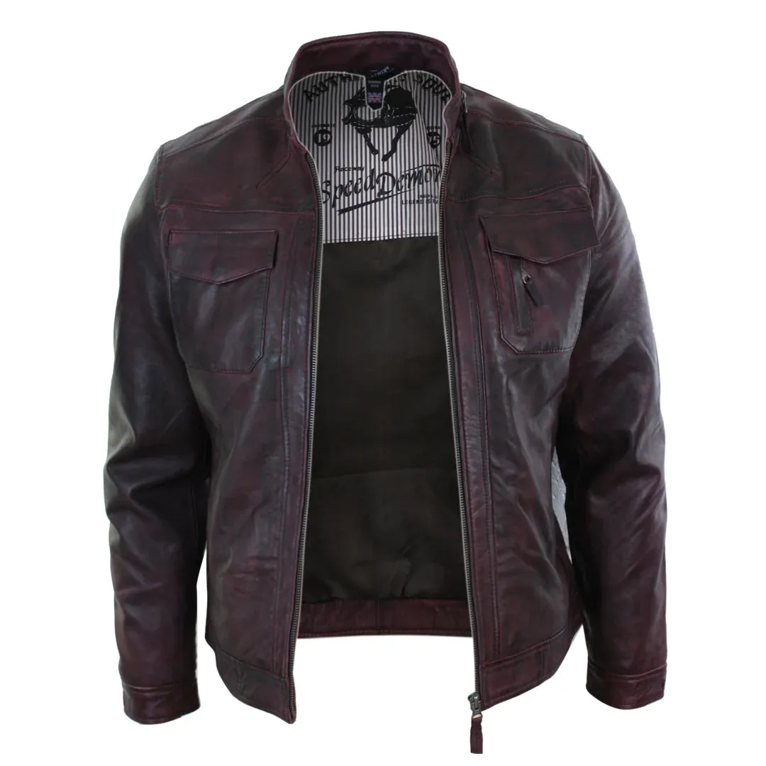 Chaqueta de biker de cuero de vino informal con cremallera corta para hombres