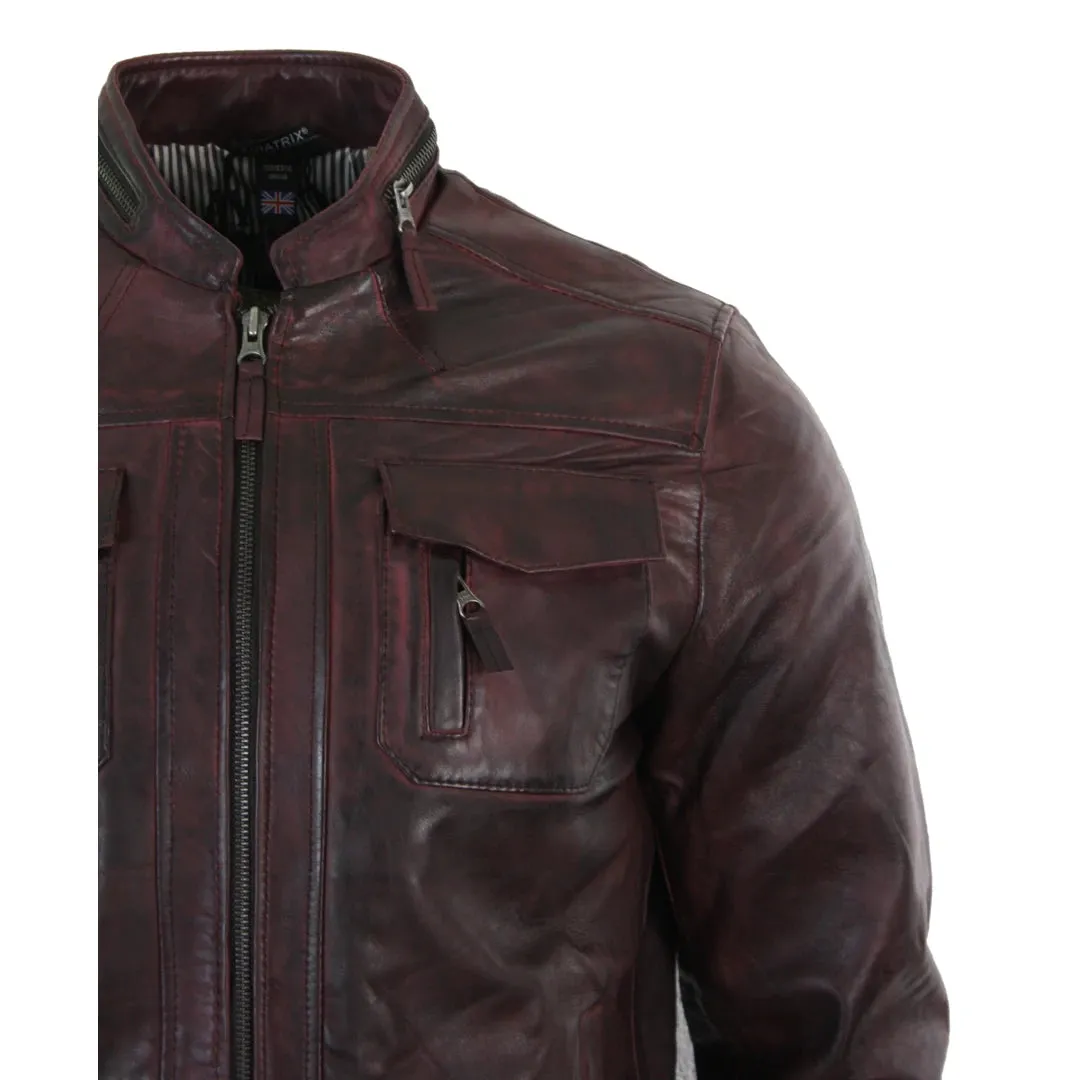 Chaqueta de biker de cuero de vino informal con cremallera corta para hombres