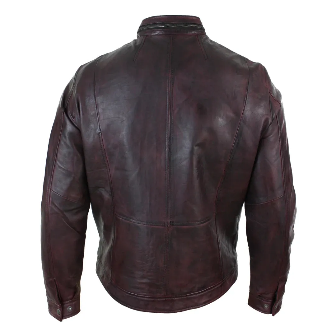 Chaqueta de biker de cuero de vino informal con cremallera corta para hombres