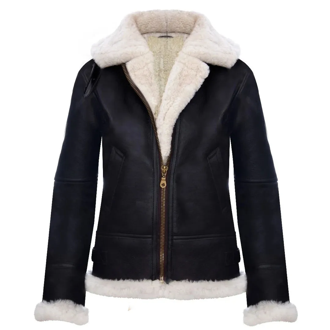Chaqueta de cuero de cuero de oveja real con capucha en color marrón blanco para mujer