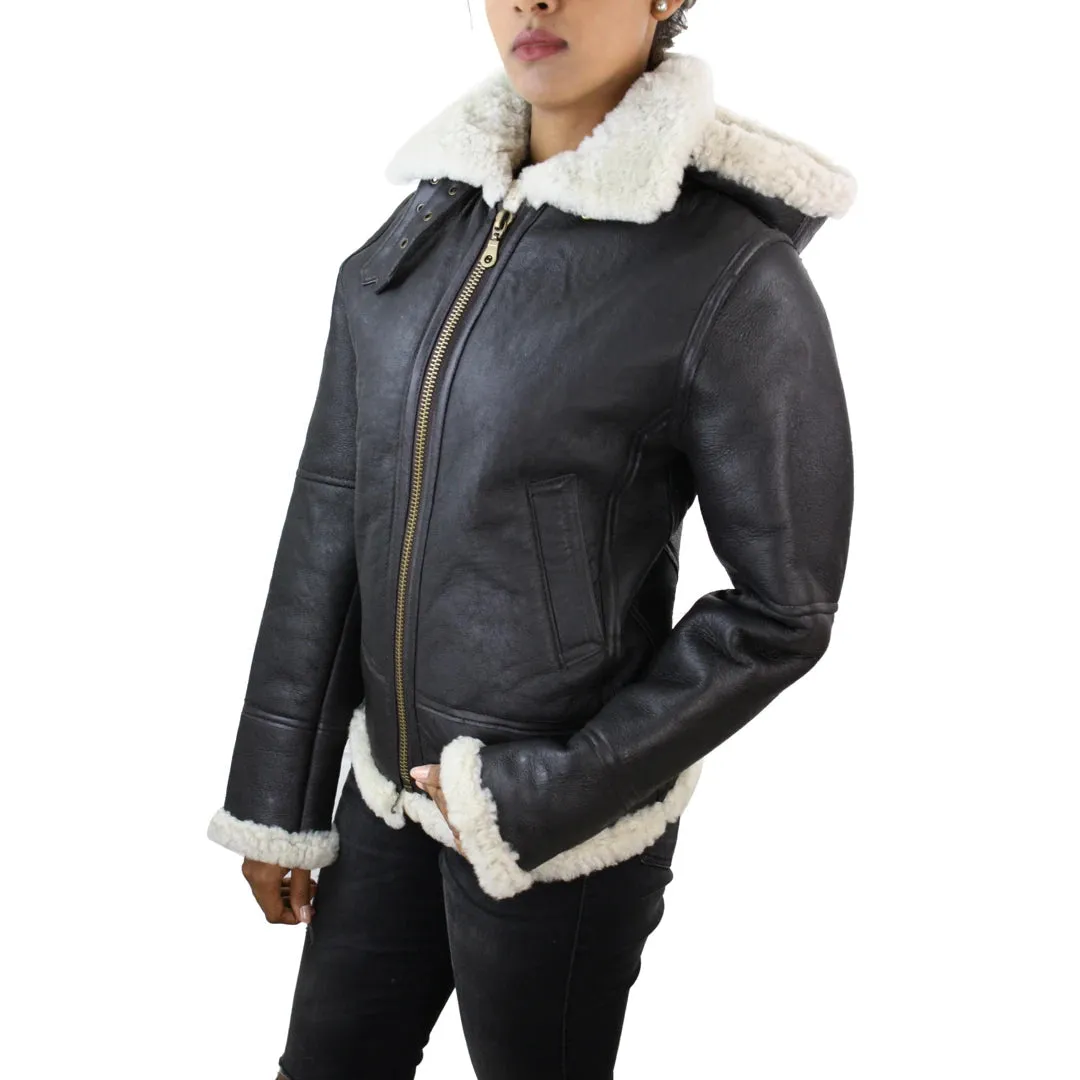 Chaqueta de cuero de cuero de oveja real con capucha en color marrón blanco para mujer