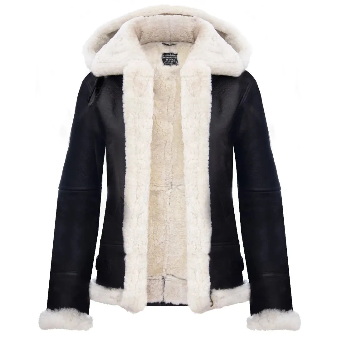 Chaqueta de cuero de cuero de oveja real con capucha en color marrón blanco para mujer