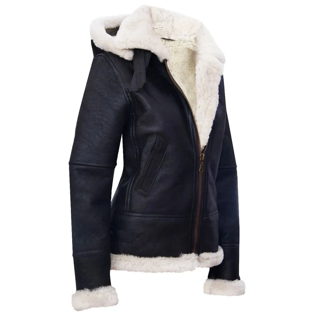 Chaqueta de cuero de cuero de oveja real con capucha en color marrón blanco para mujer