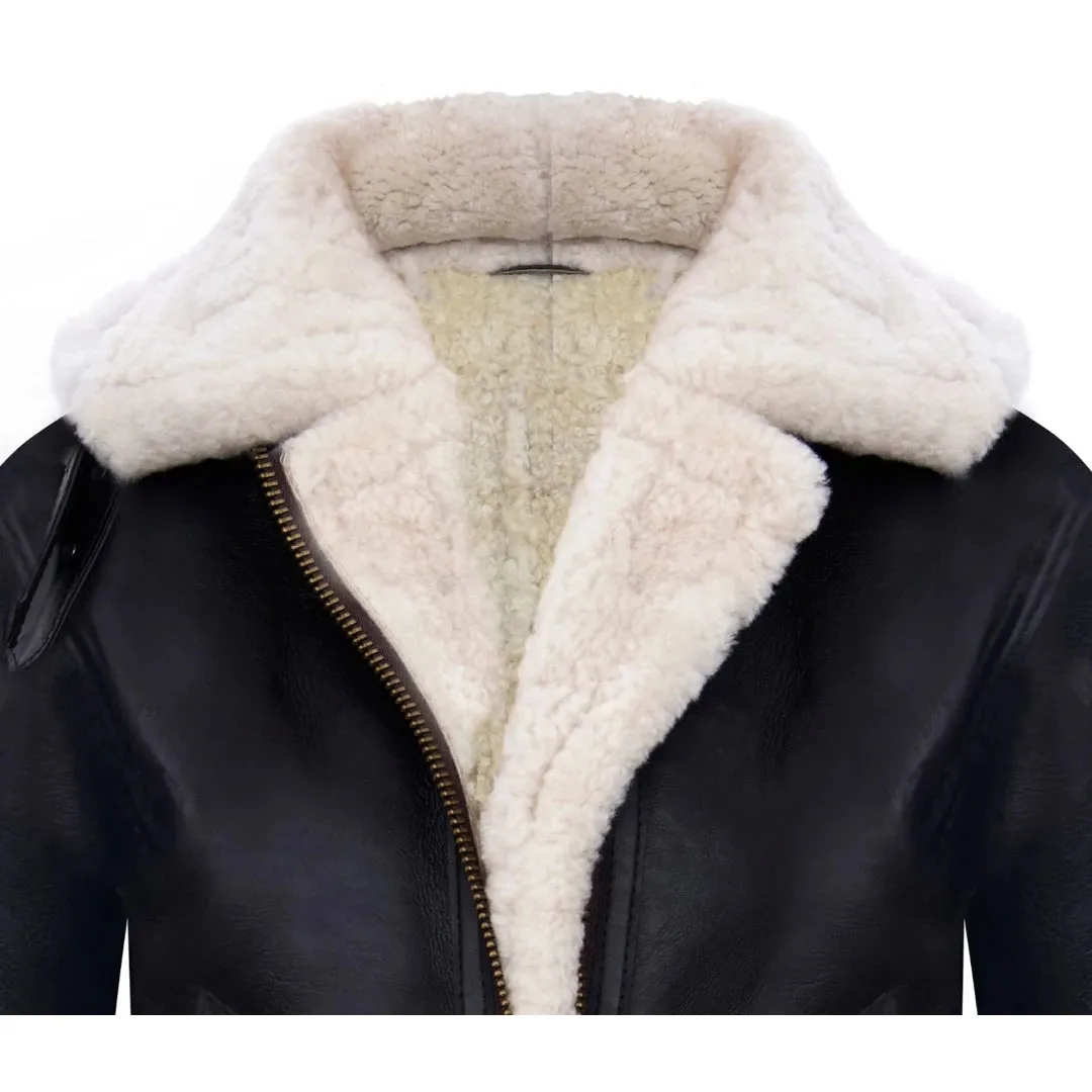 Chaqueta de cuero de cuero de oveja real con capucha en color marrón blanco para mujer