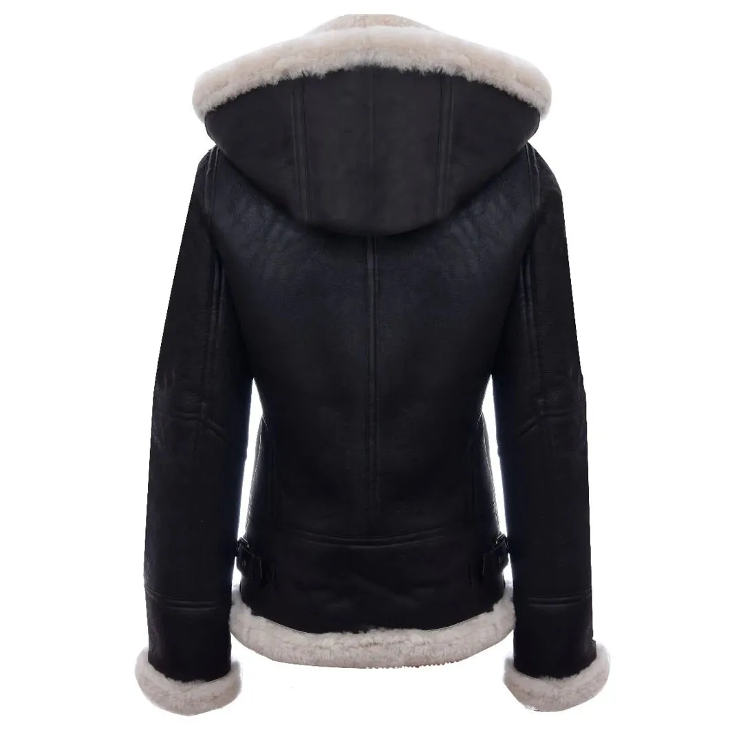 Chaqueta de cuero de cuero de oveja real con capucha en color marrón blanco para mujer