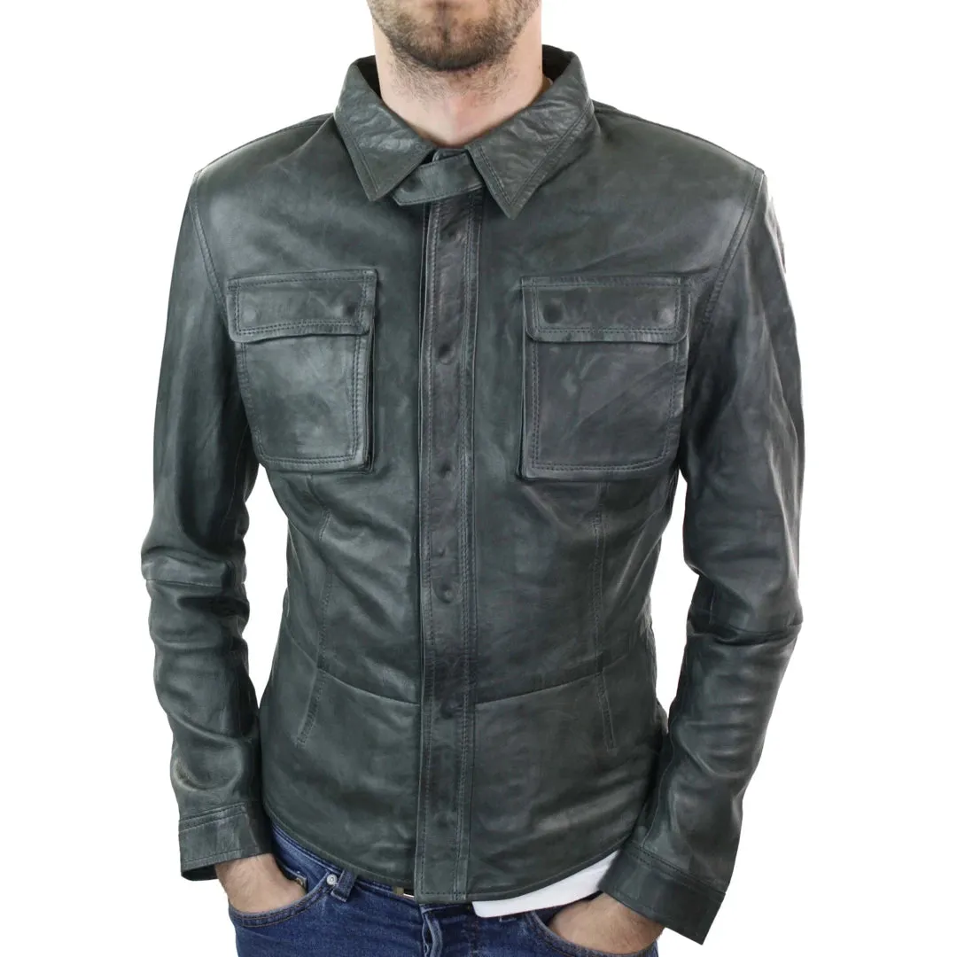 Chaqueta de cuero retro estilo camisa ajustada para hombre marrón tostado informal