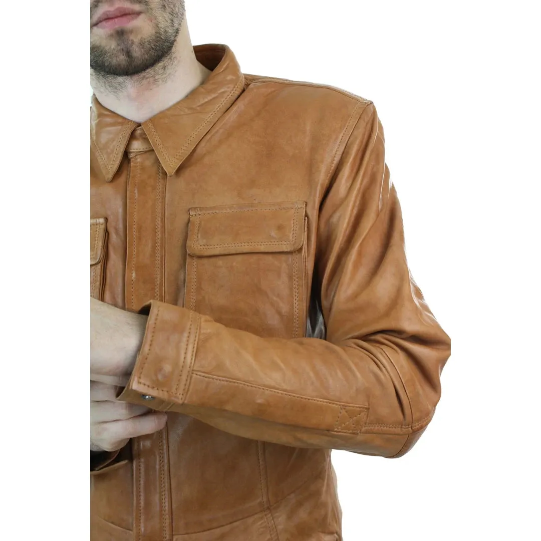 Chaqueta de cuero retro estilo camisa ajustada para hombre marrón tostado informal