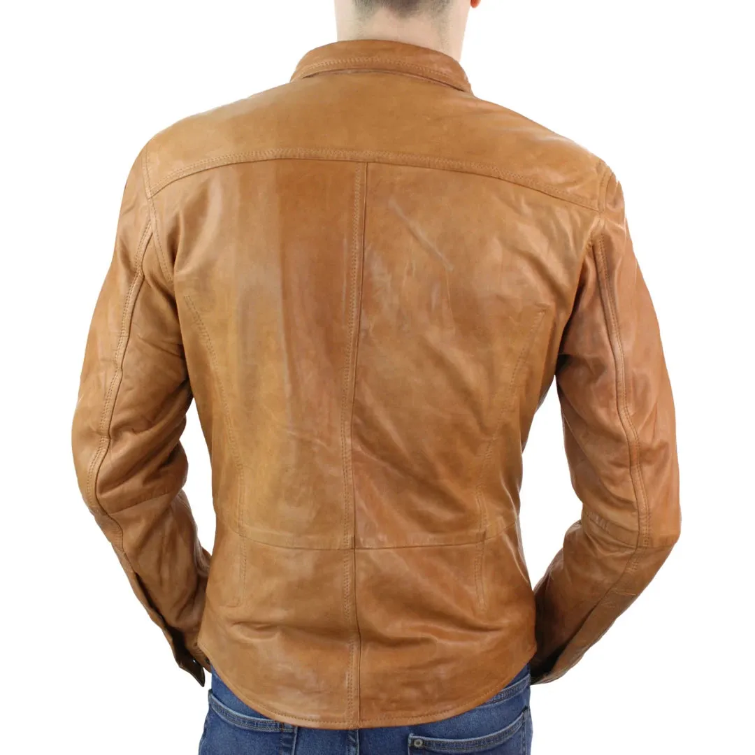 Chaqueta de cuero retro estilo camisa ajustada para hombre marrón tostado informal