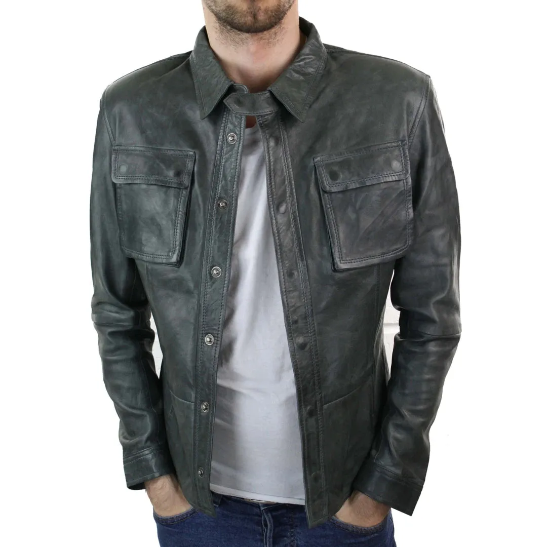 Chaqueta de cuero retro estilo camisa ajustada para hombre marrón tostado informal