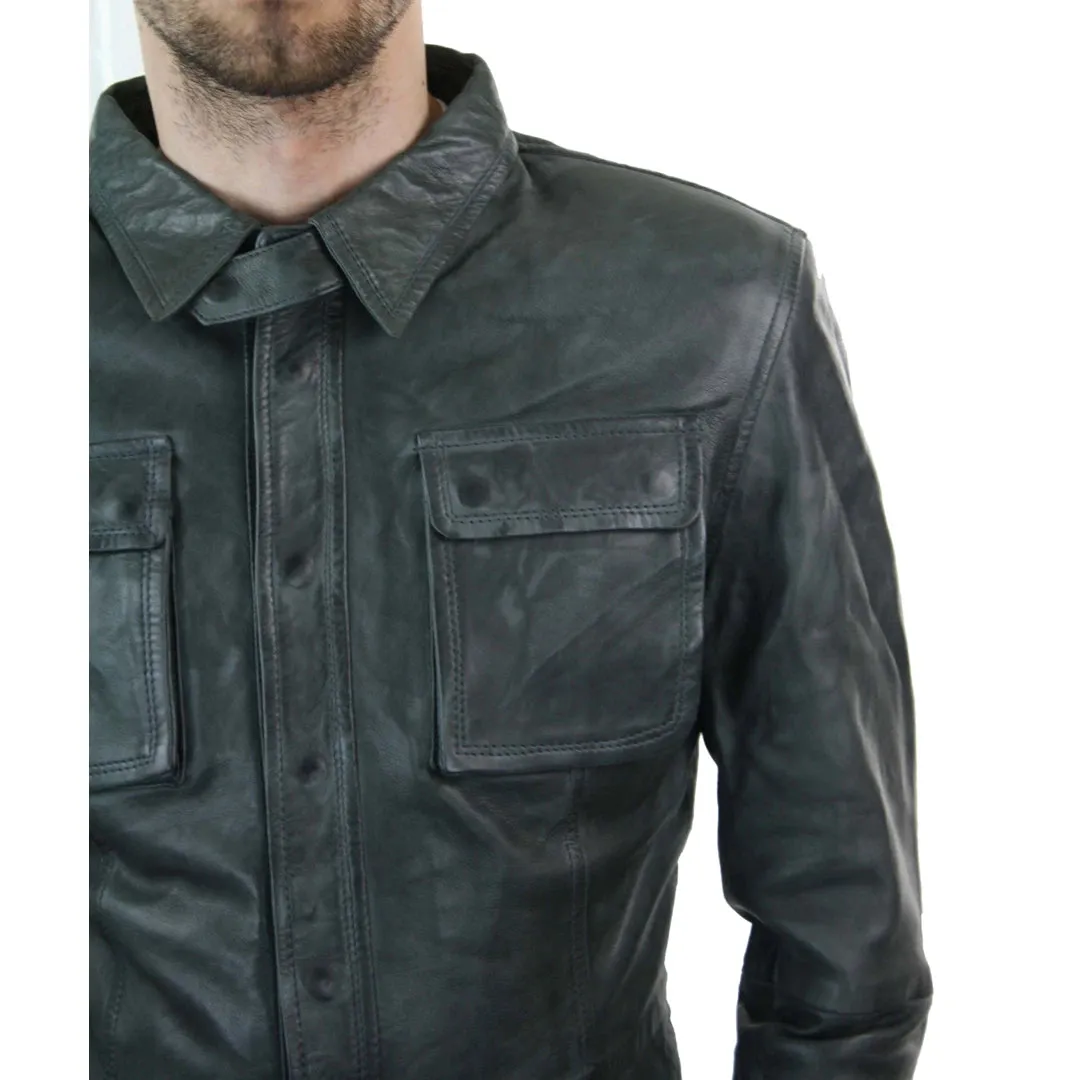 Chaqueta de cuero retro estilo camisa ajustada para hombre marrón tostado informal