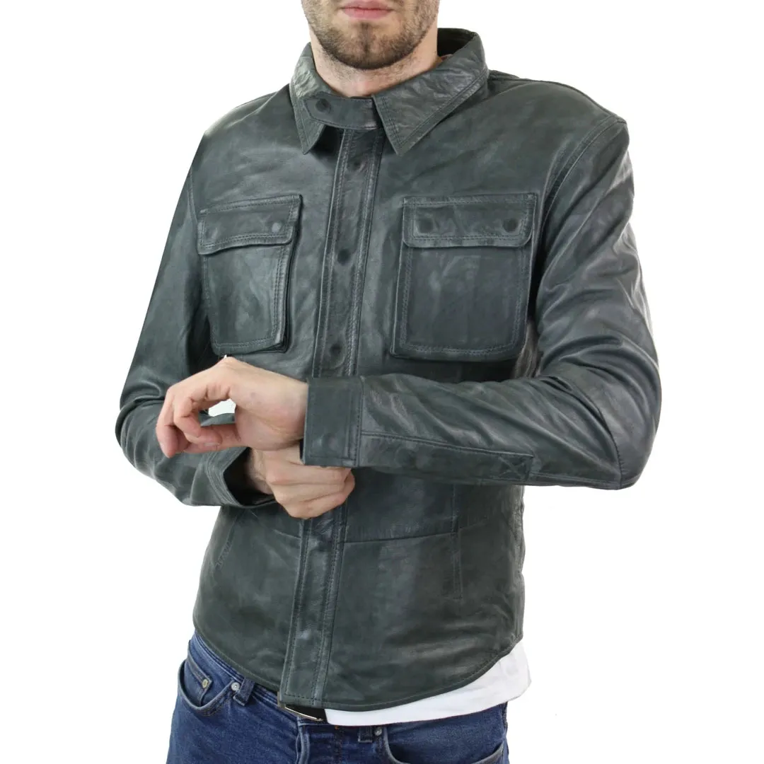 Chaqueta de cuero retro estilo camisa ajustada para hombre marrón tostado informal