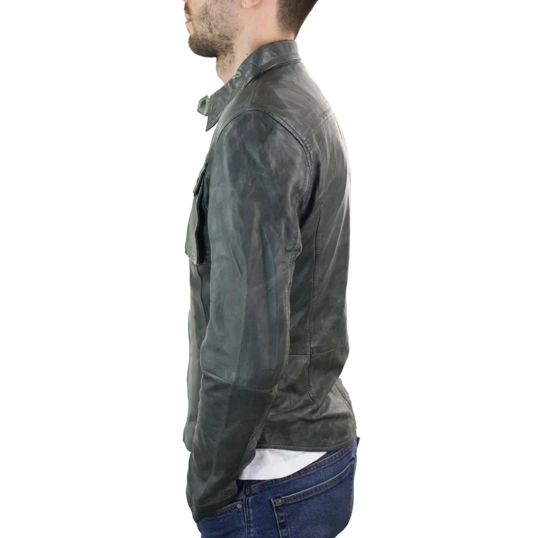 Chaqueta de cuero retro estilo camisa ajustada para hombre marrón tostado informal