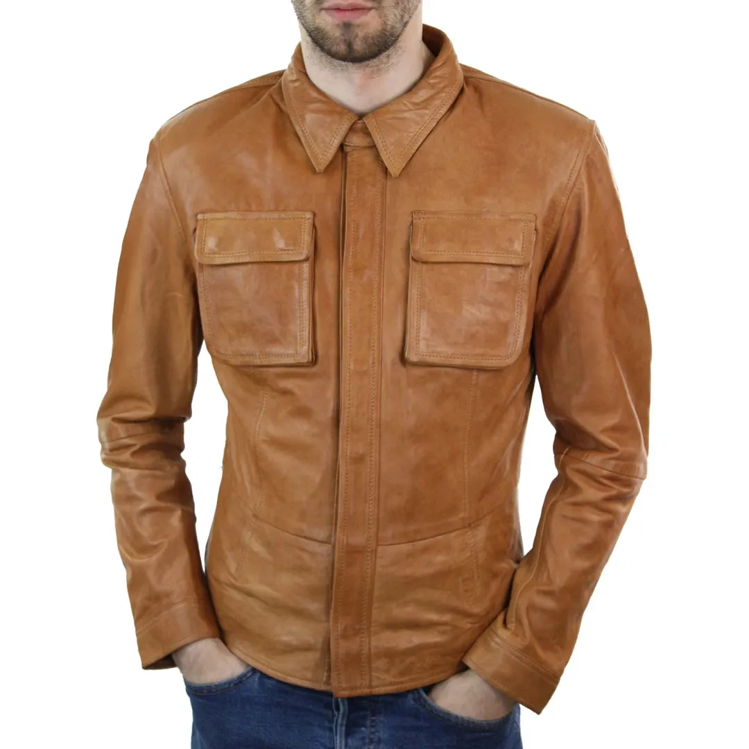 Chaqueta de cuero retro estilo camisa ajustada para hombre marrón tostado informal
