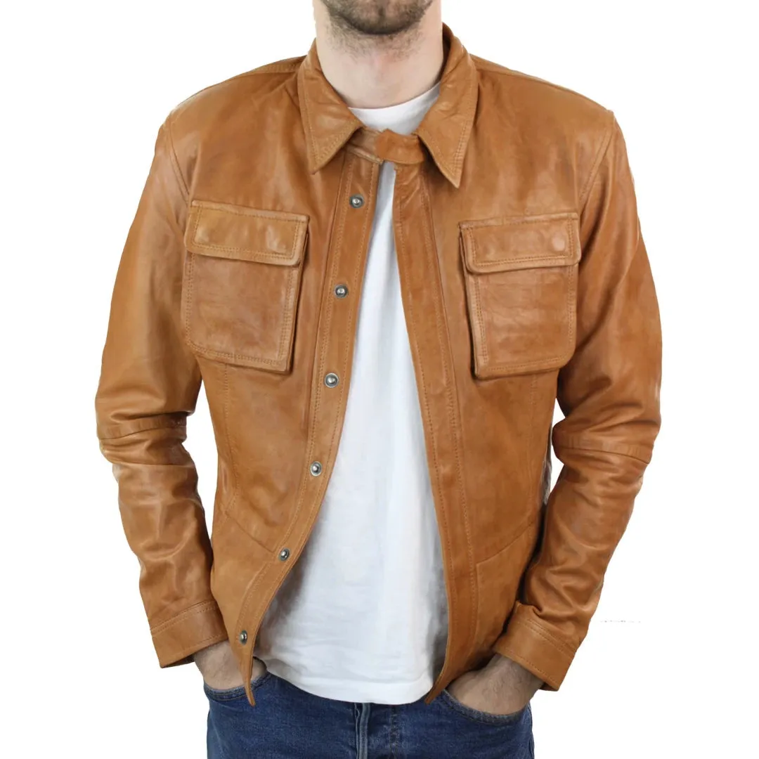 Chaqueta de cuero retro estilo camisa ajustada para hombre marrón tostado informal
