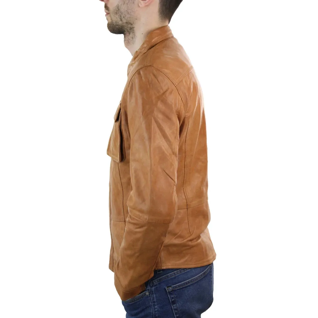 Chaqueta de cuero retro estilo camisa ajustada para hombre marrón tostado informal