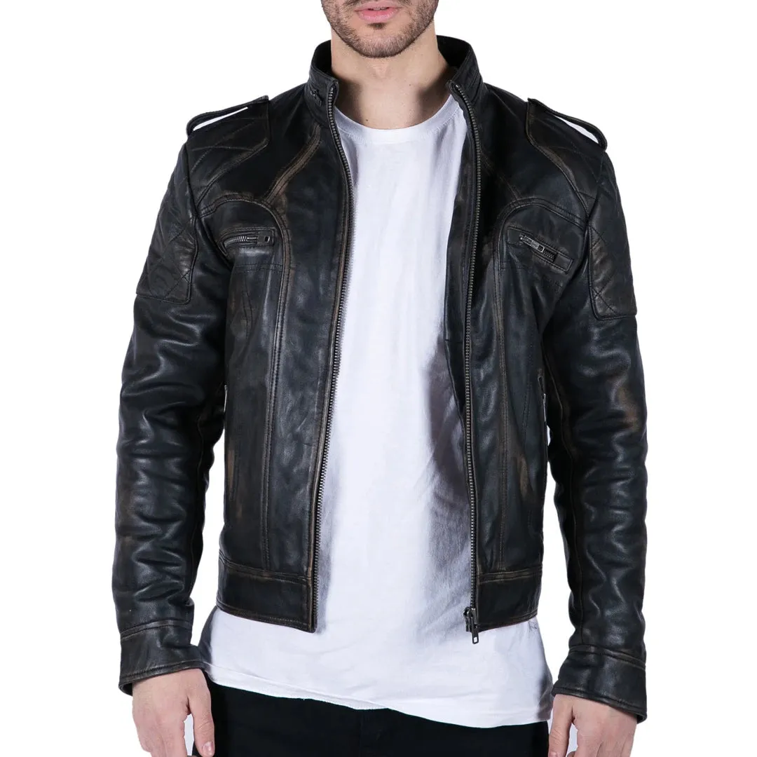 Chaqueta de motociclista de cuero real negro marrón al estilo retro con cremallera delgada para hombre