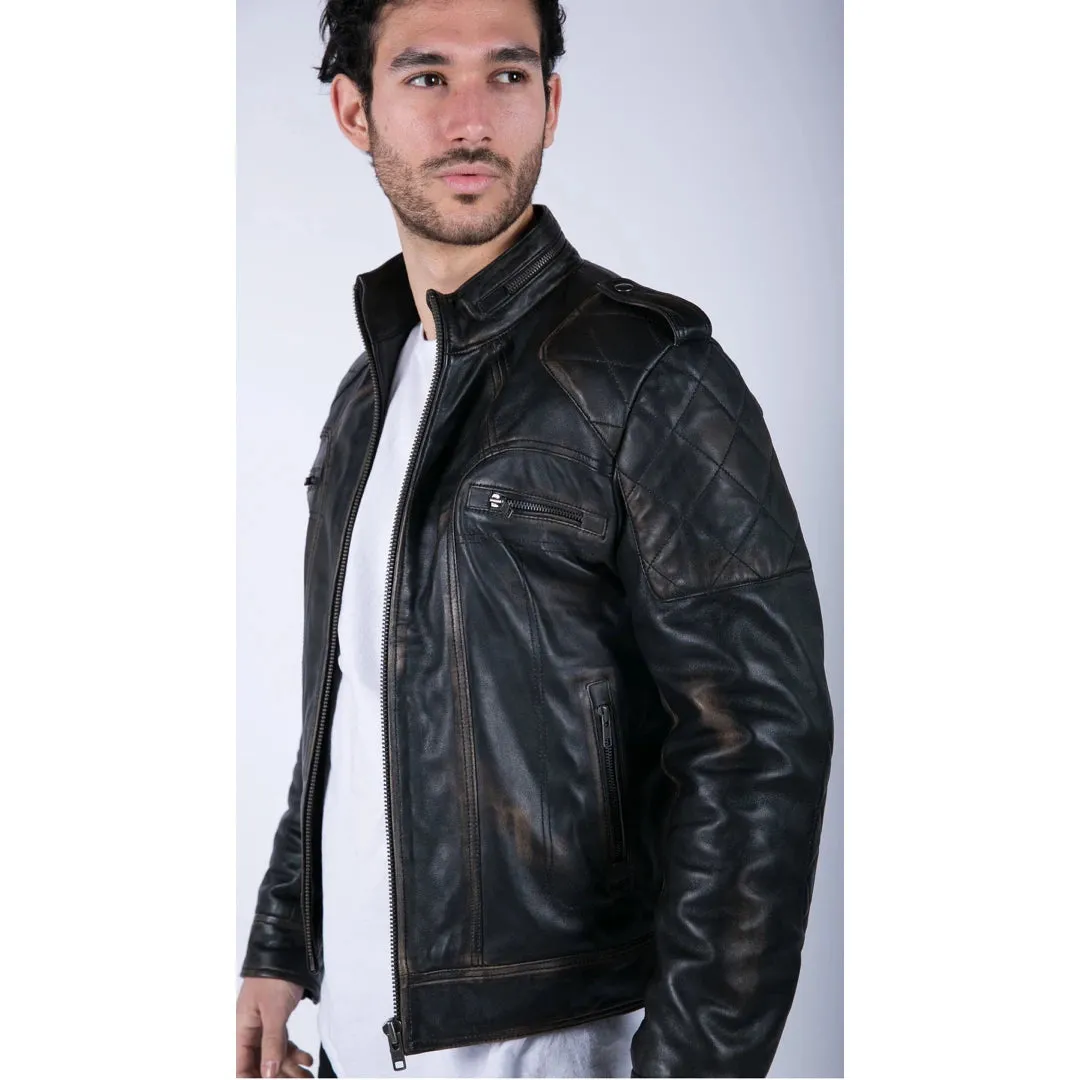 Chaqueta de motociclista de cuero real negro marrón al estilo retro con cremallera delgada para hombre