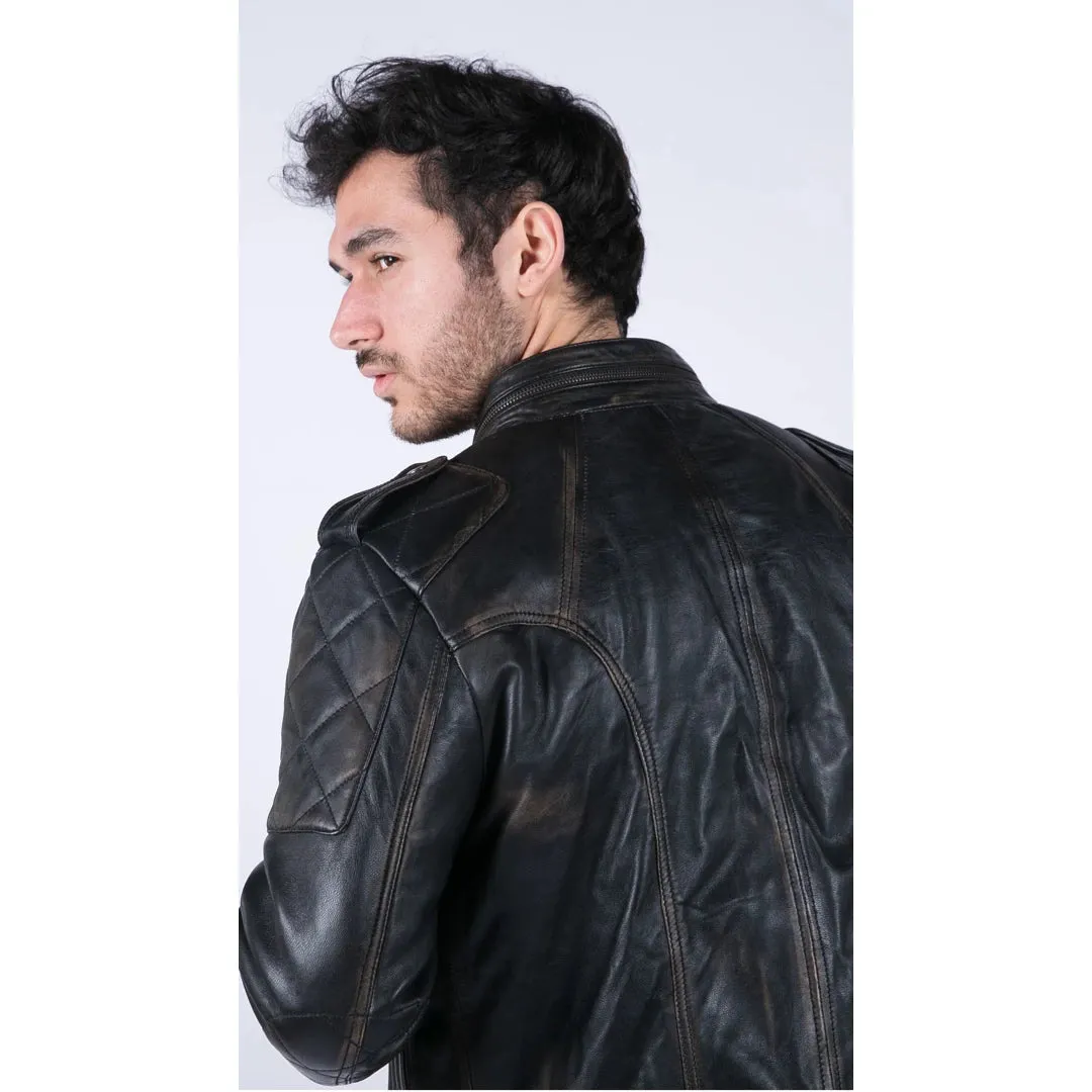 Chaqueta de motociclista de cuero real negro marrón al estilo retro con cremallera delgada para hombre