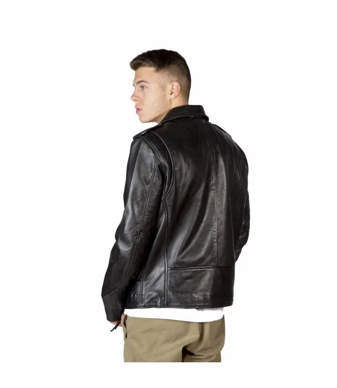 CHAQUETA PIEL NAPA HOMBRE CRUZADA NEGRA CREMALLERAS NEGRAS NEWROCK NRLMJ006S4