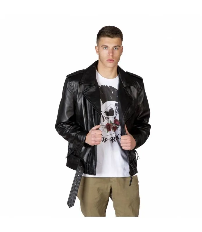CHAQUETA PIEL NAPA HOMBRE CRUZADA NEGRA CREMALLERAS NEGRAS NEWROCK NRLMJ006S4