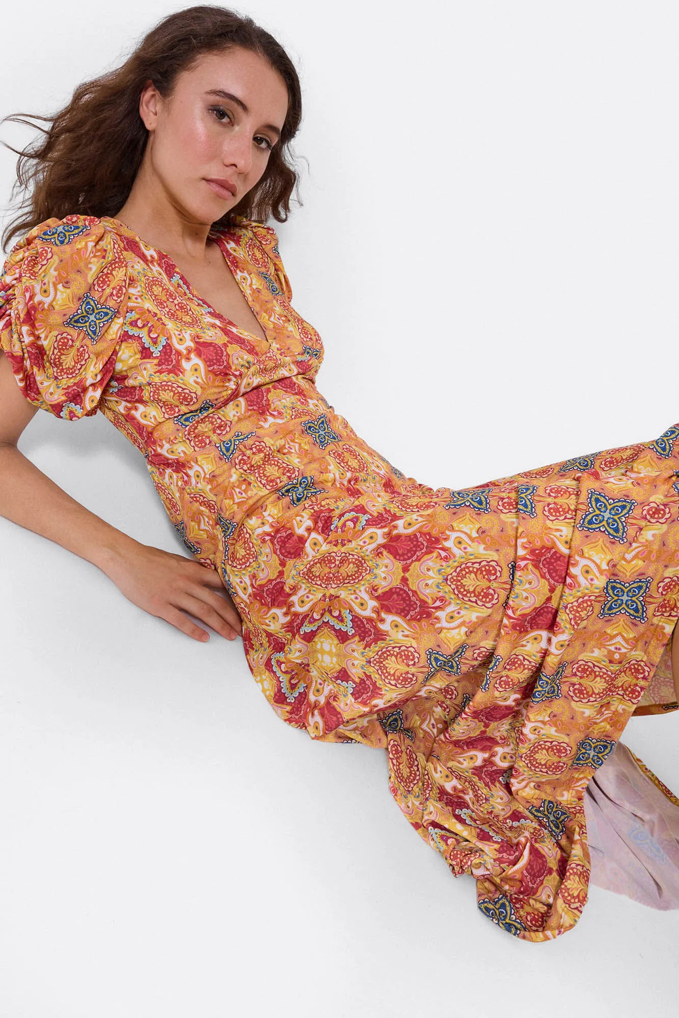 Cuplé Vestido manga abullonada punto estampado cachemira