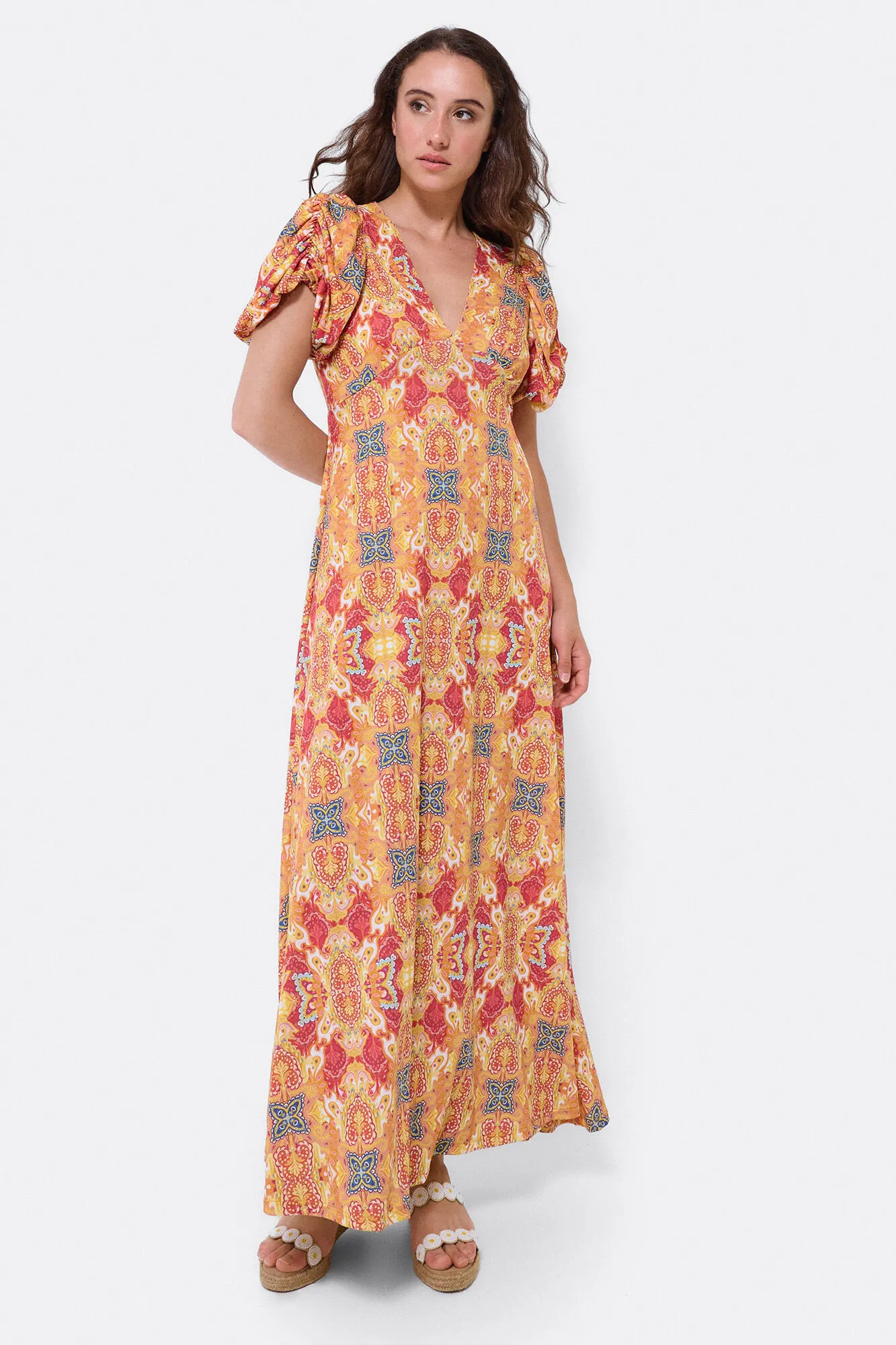 Cuplé Vestido manga abullonada punto estampado cachemira