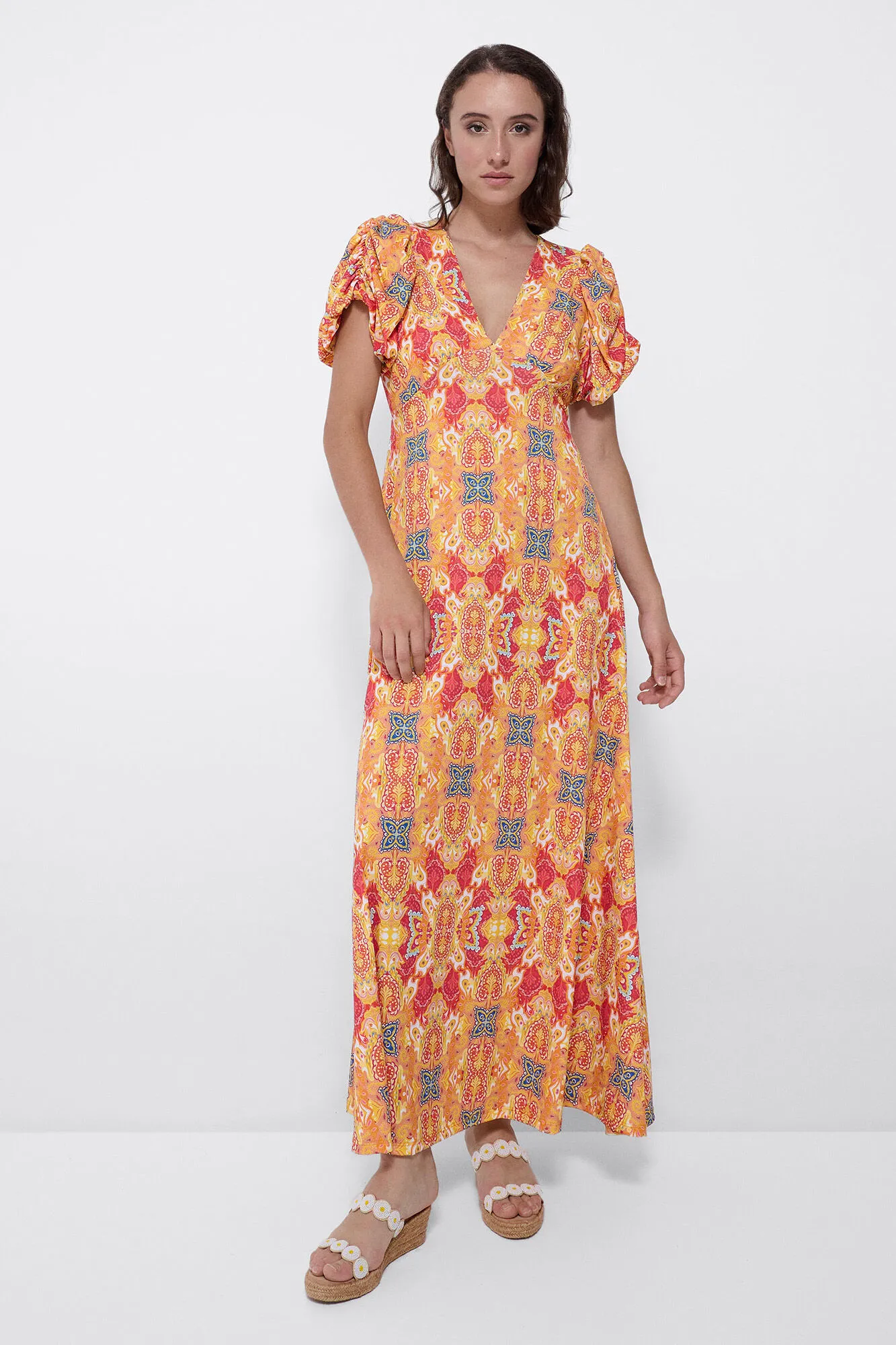 Cuplé Vestido manga abullonada punto estampado cachemira