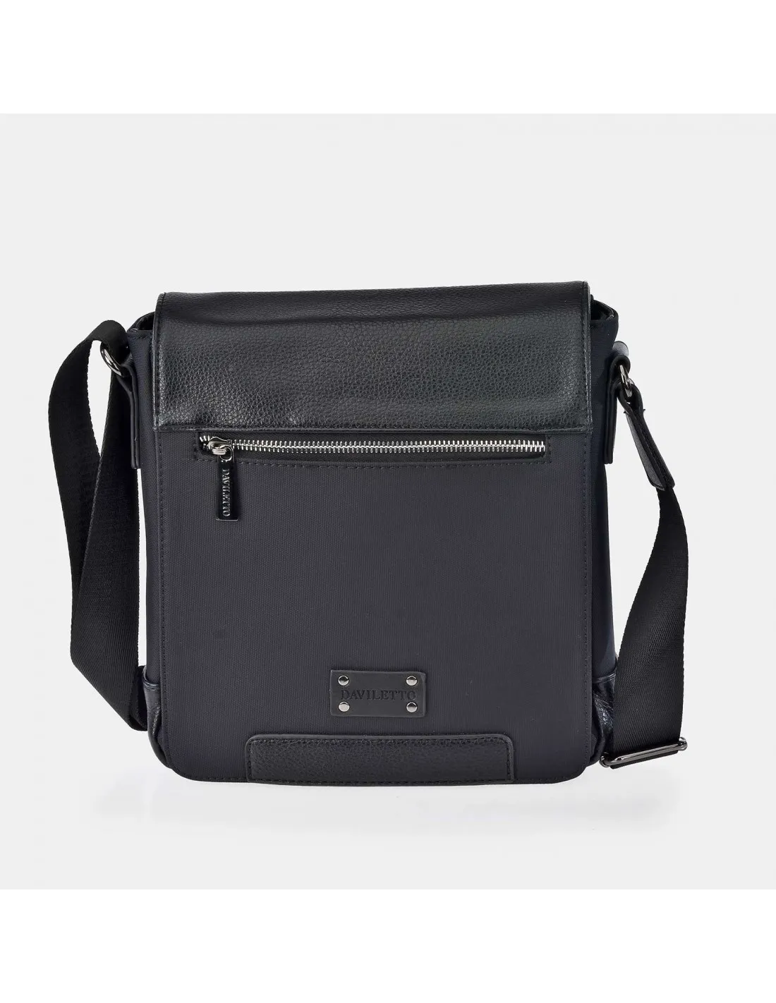 DAVILETTO  bolso bandolera grande con solapa para hombre en piel y nylon color negro