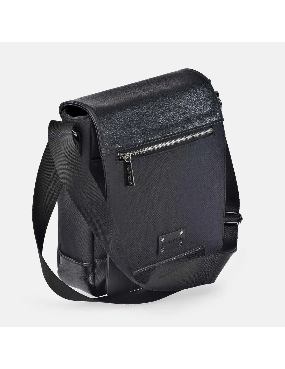 DAVILETTO  bolso bandolera grande con solapa para hombre en piel y nylon color negro