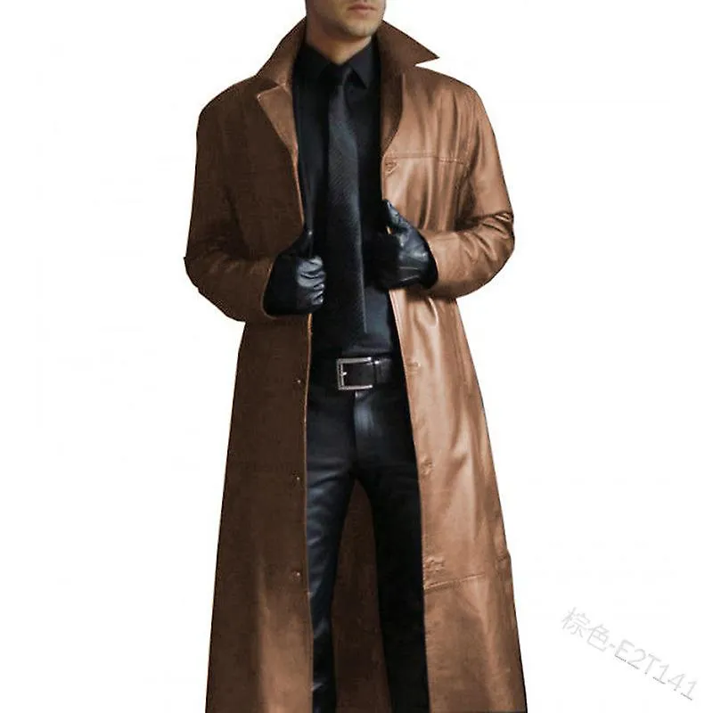 Gabardina de cuero sintético marrón retro para hombres Abrigo largo Abrigo largo Abrigo largo Chaqueta de invierno