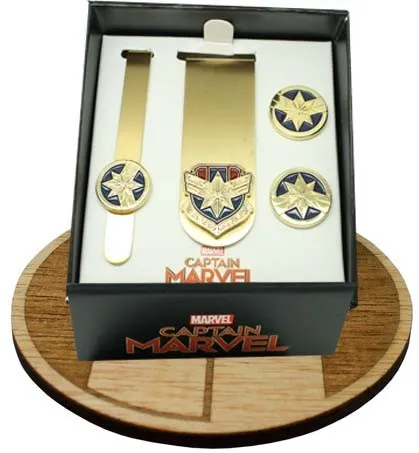 GEMELOS PARA CAMISA CAPITANA MARVEL CON PASADOR Y CLIP DINERO  MARVEL