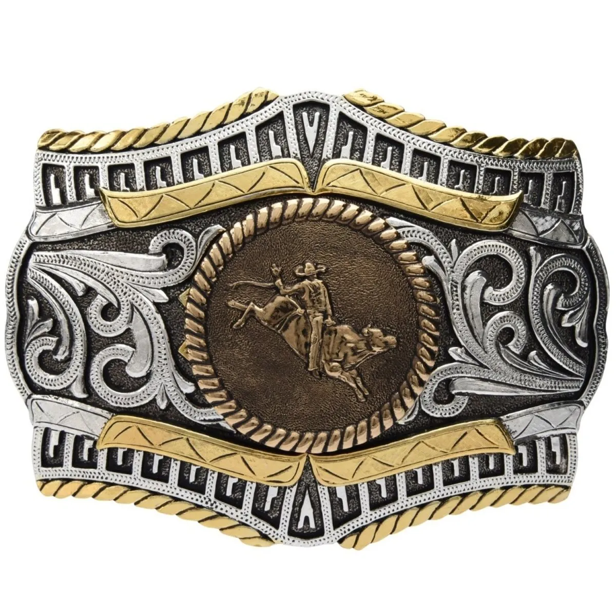 HEBILLA VAQUERA DE ALPACA FINA CON CHARRO JINETEANDO TORO WD1387