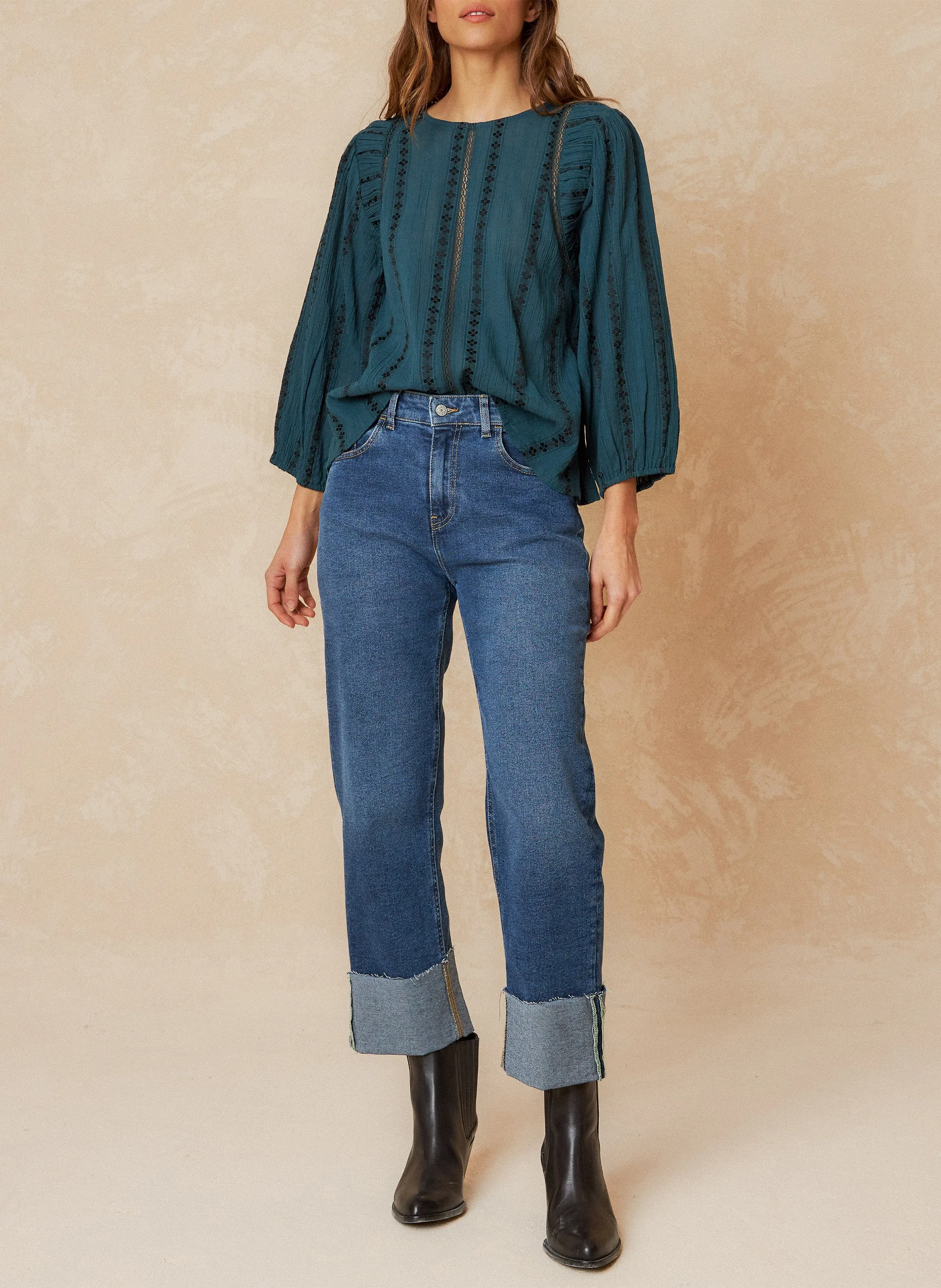 INDI & COLD Top amplio cuello redondo jacquard de algodón mezclado en azul