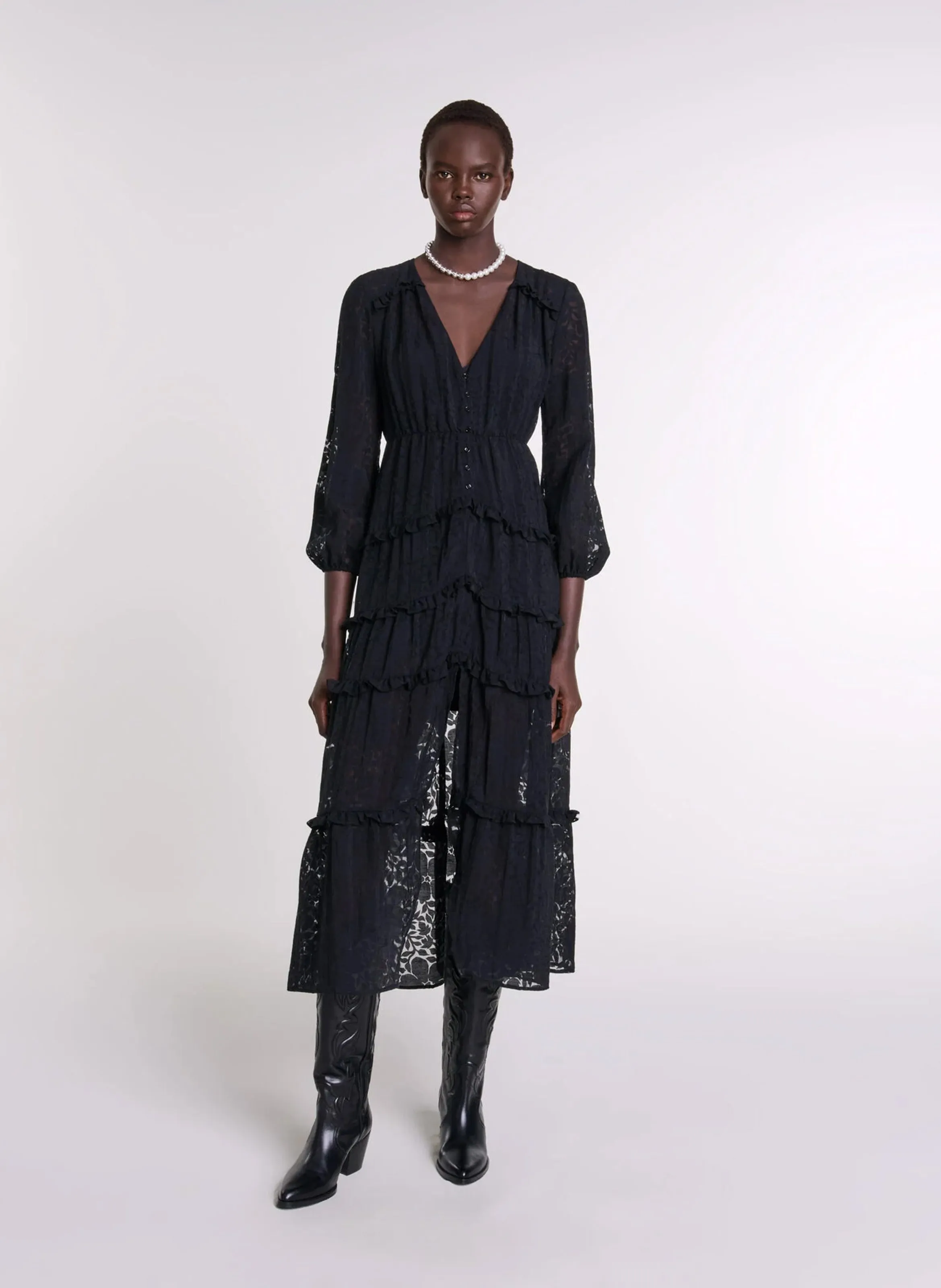 MAJE Vestido largo de encaje en negro