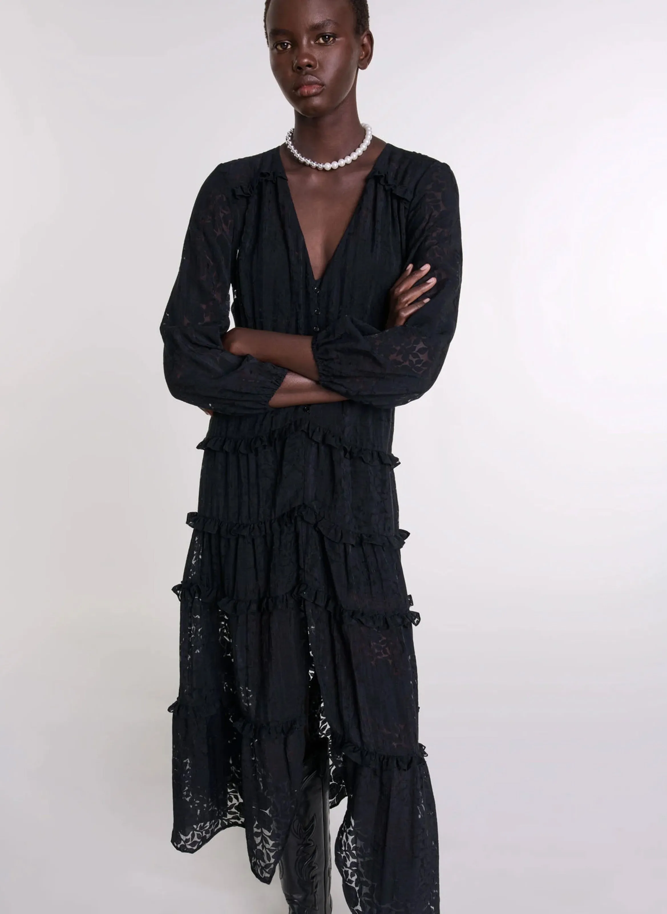 MAJE Vestido largo de encaje en negro