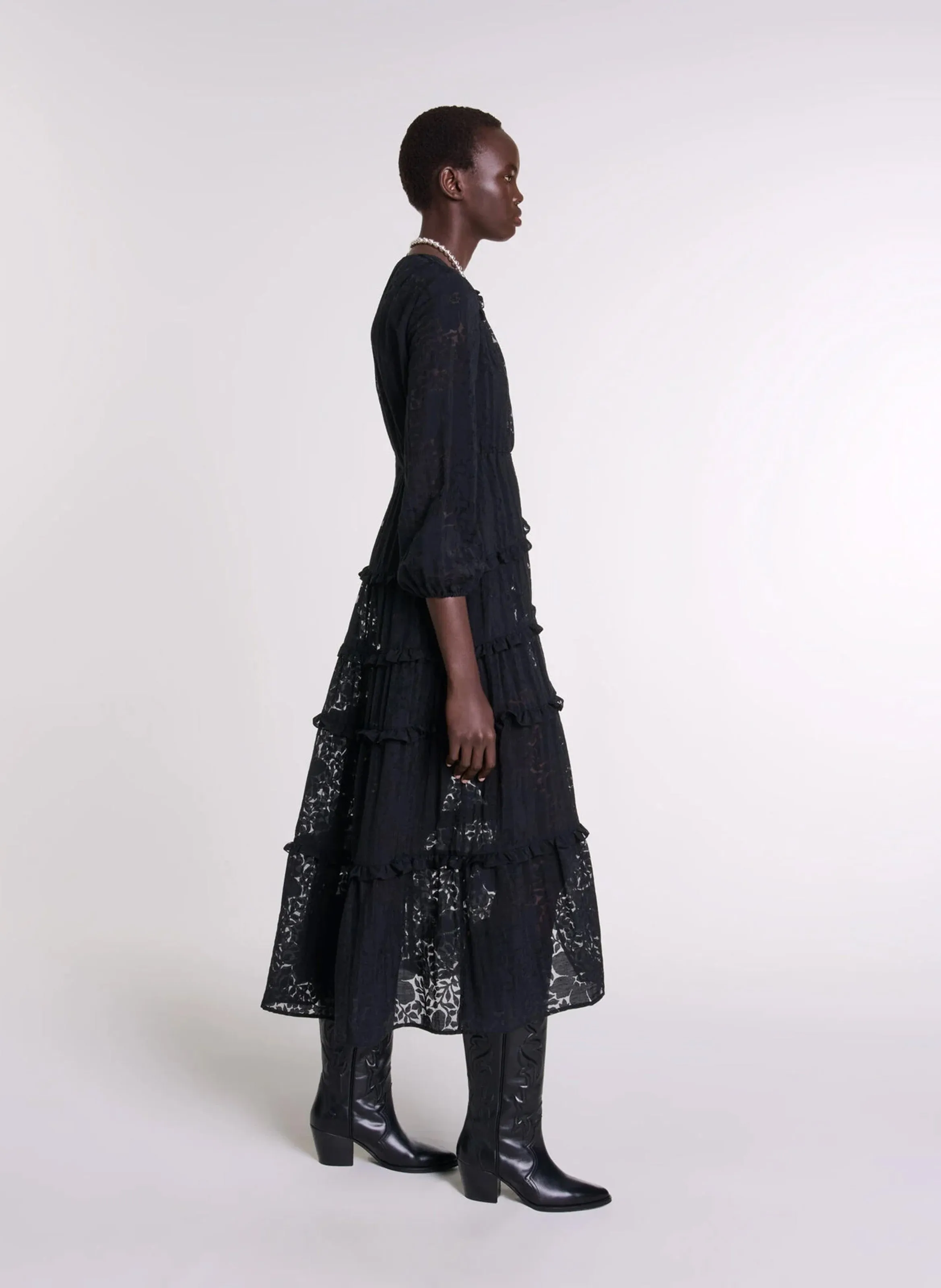 MAJE Vestido largo de encaje en negro